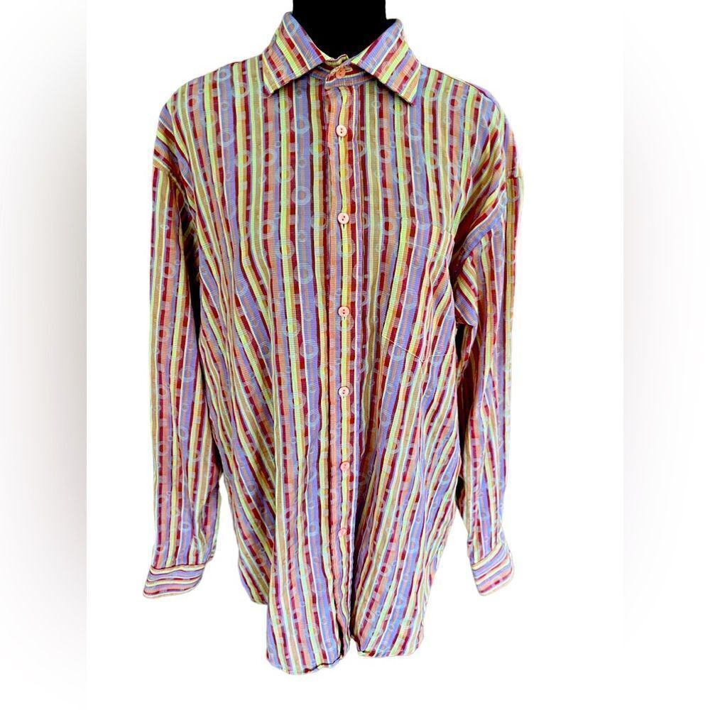 Bugatchi Uomo colorful 100% cotton button front striped shirt, size L